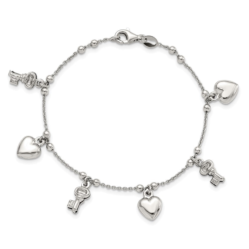6.75 Inch Sterling Silver Rhodium-Plated Heart And Key Dangle 6.75In Bracelet