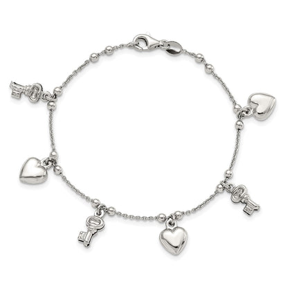 6.75 Inch Sterling Silver Rhodium-Plated Heart And Key Dangle 6.75In Bracelet