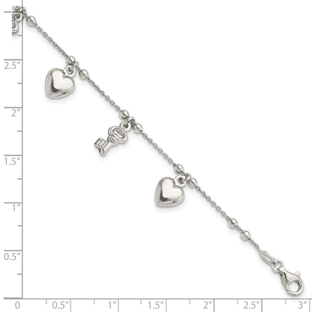 6.75 Inch Sterling Silver Rhodium-Plated Heart And Key Dangle 6.75In Bracelet