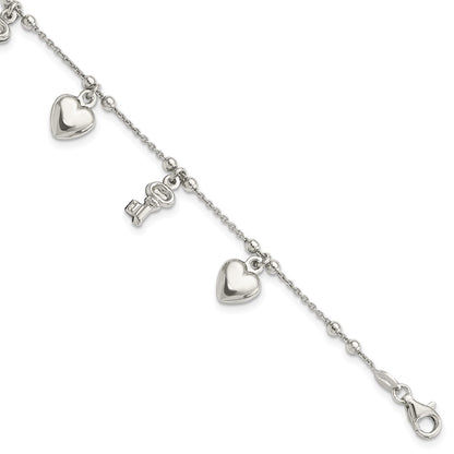 6.75 Inch Sterling Silver Rhodium-Plated Heart And Key Dangle 6.75In Bracelet