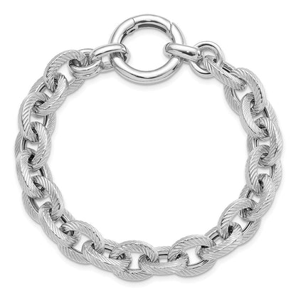 7.5 Inch Sterling Silver Rhodium Plated Polished Striped Link Bracelet