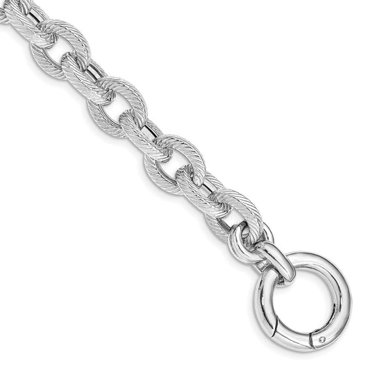 7.5 Inch Sterling Silver Rhodium Plated Polished Striped Link Bracelet