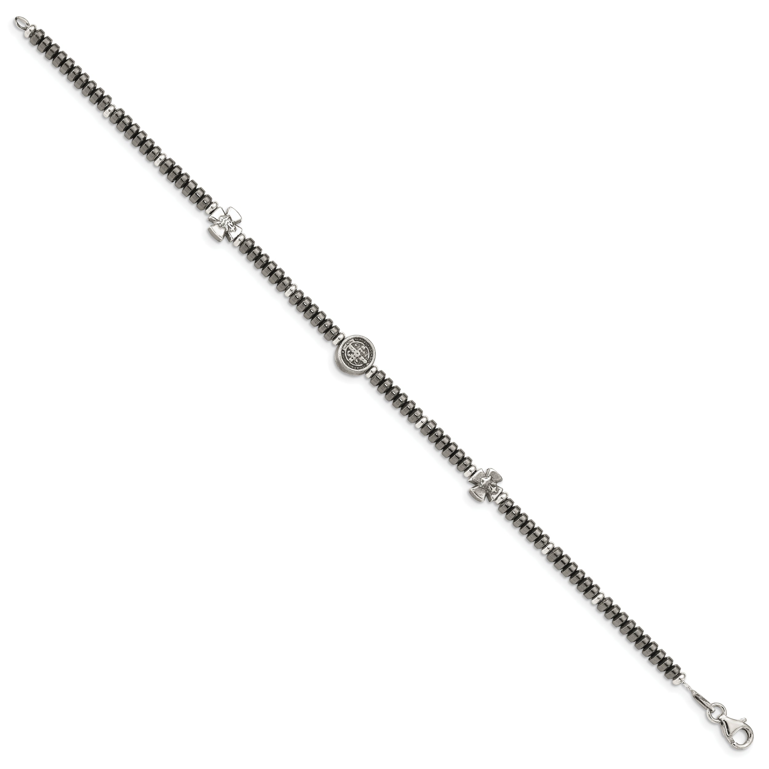 8 Inch Sterling Silver Antiqued Black Bead With Crosses Bracelet