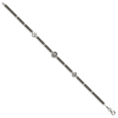 8 Inch Sterling Silver Antiqued Black Bead With Crosses Bracelet