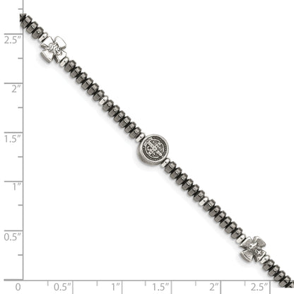 8 Inch Sterling Silver Antiqued Black Bead With Crosses Bracelet