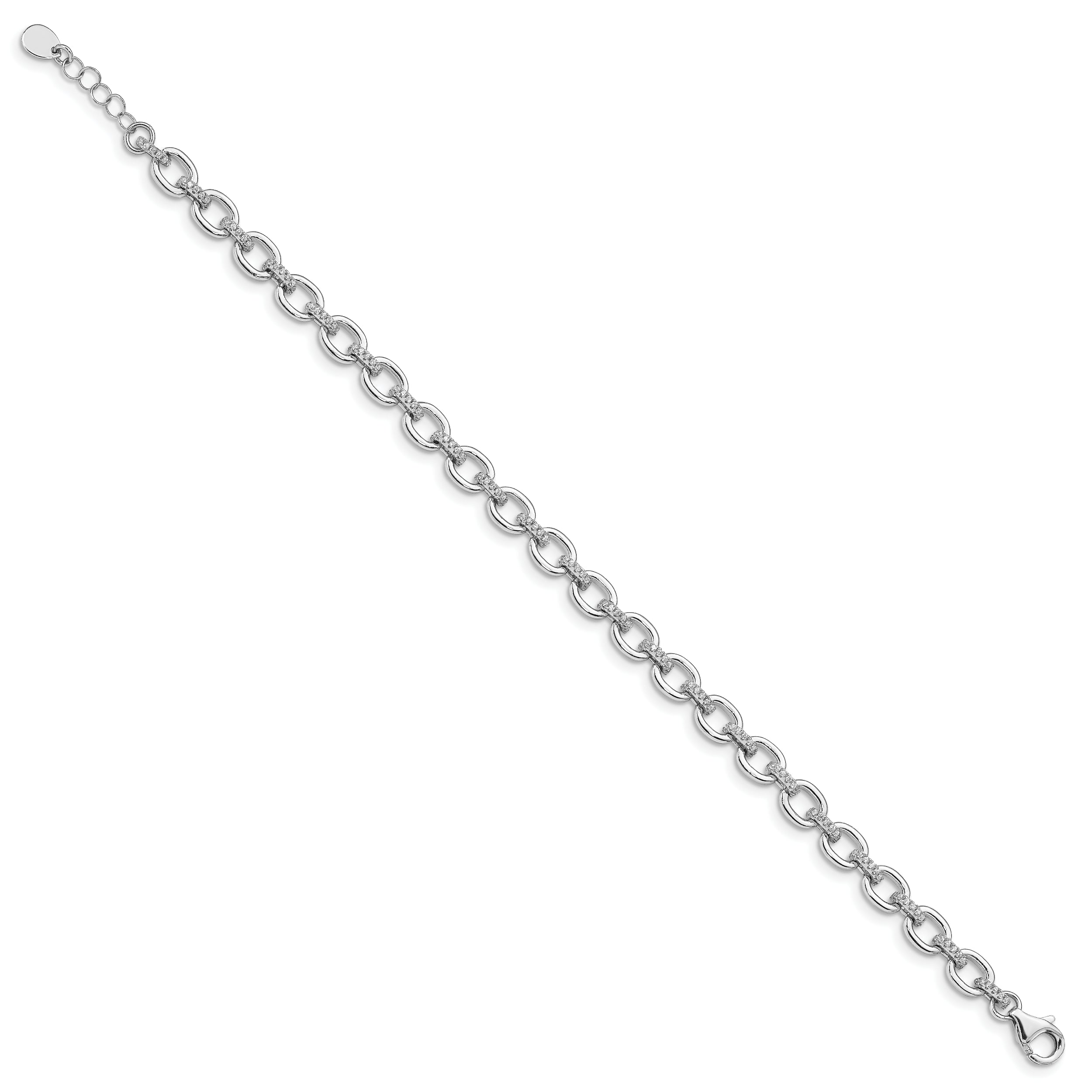 7 Inch Sterling Silver Rhodium-Plated Cz Cable Link W/.5In Ext Bracelet