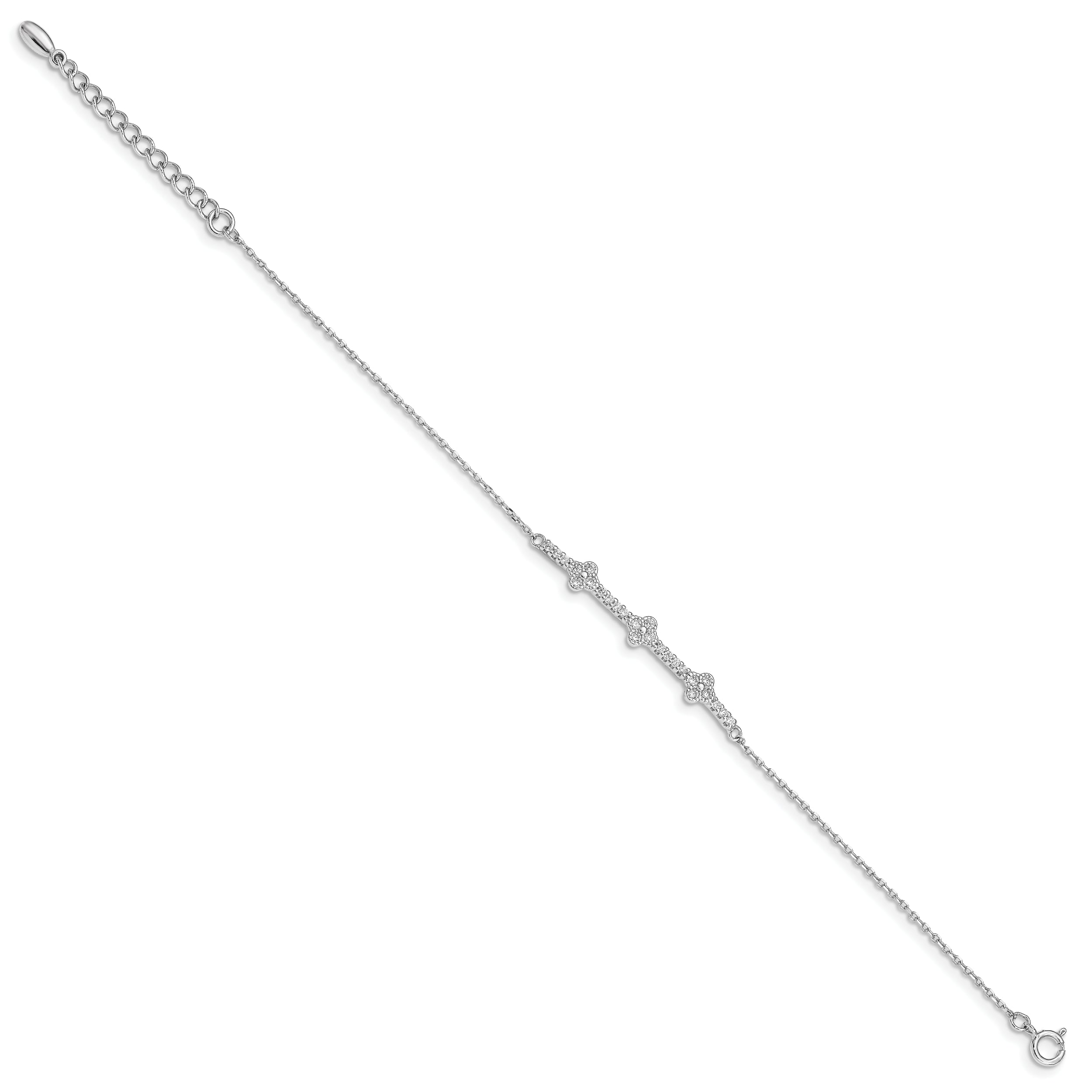 6 Inch Sterling Silver Rhodium Plated Cz W/ 1.25In Ext. Bracelet