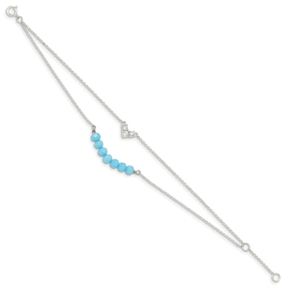 6 Inch Sterling Silver Cz And Blue Glass Beads W/ 1In Ext. Bracelet