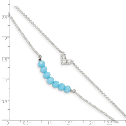 6 Inch Sterling Silver Cz And Blue Glass Beads W/ 1In Ext. Bracelet