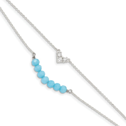 6 Inch Sterling Silver Cz And Blue Glass Beads W/ 1In Ext. Bracelet