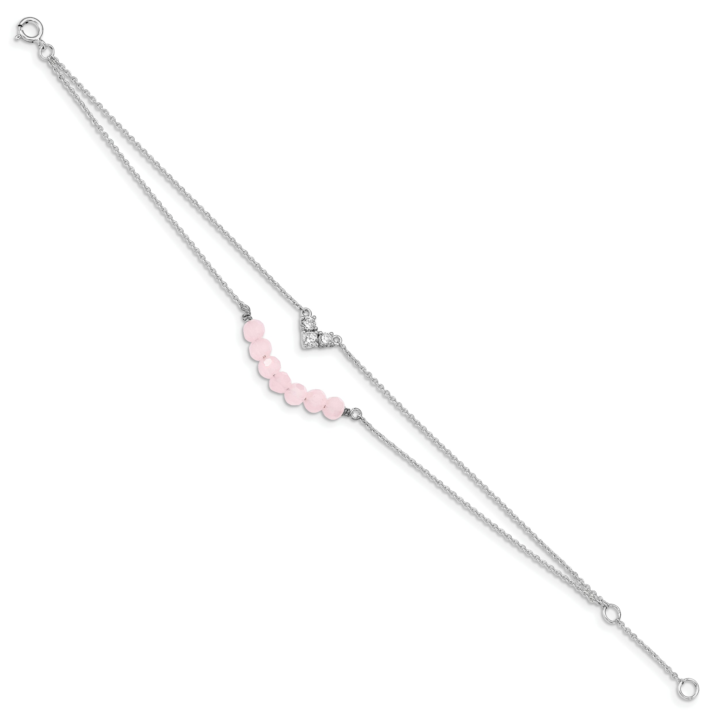 6 Inch Sterling Silver Cz And Pink Glass Beads W/ 1In Ext. Bracelet