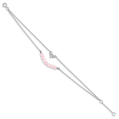6 Inch Sterling Silver Cz And Pink Glass Beads W/ 1In Ext. Bracelet