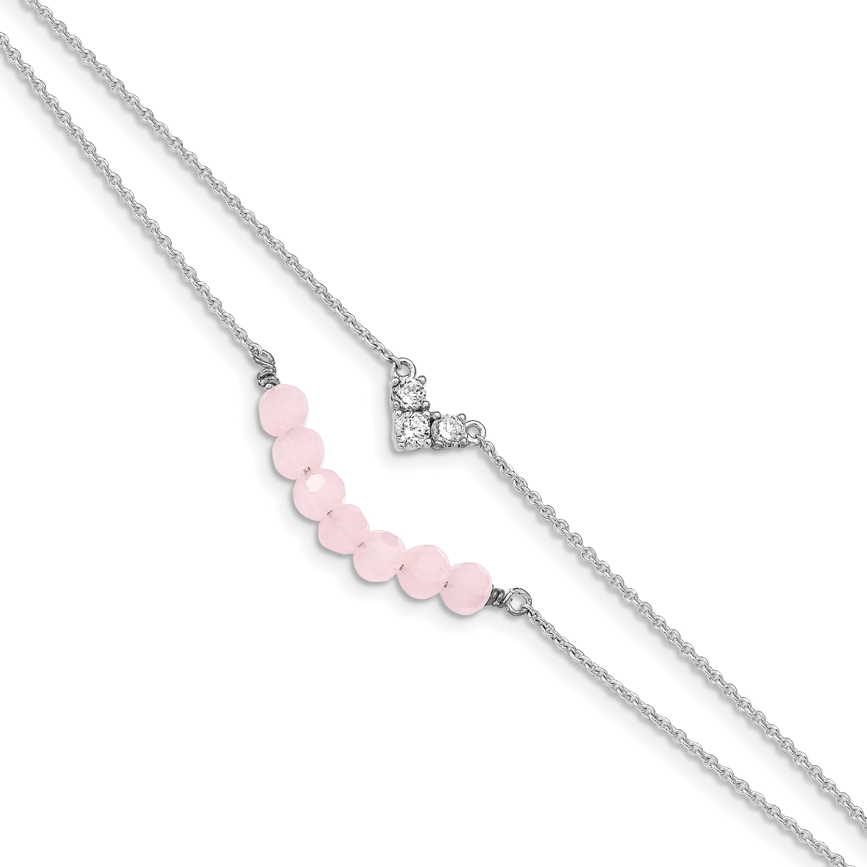 6 Inch Sterling Silver Cz And Pink Glass Beads W/ 1In Ext. Bracelet