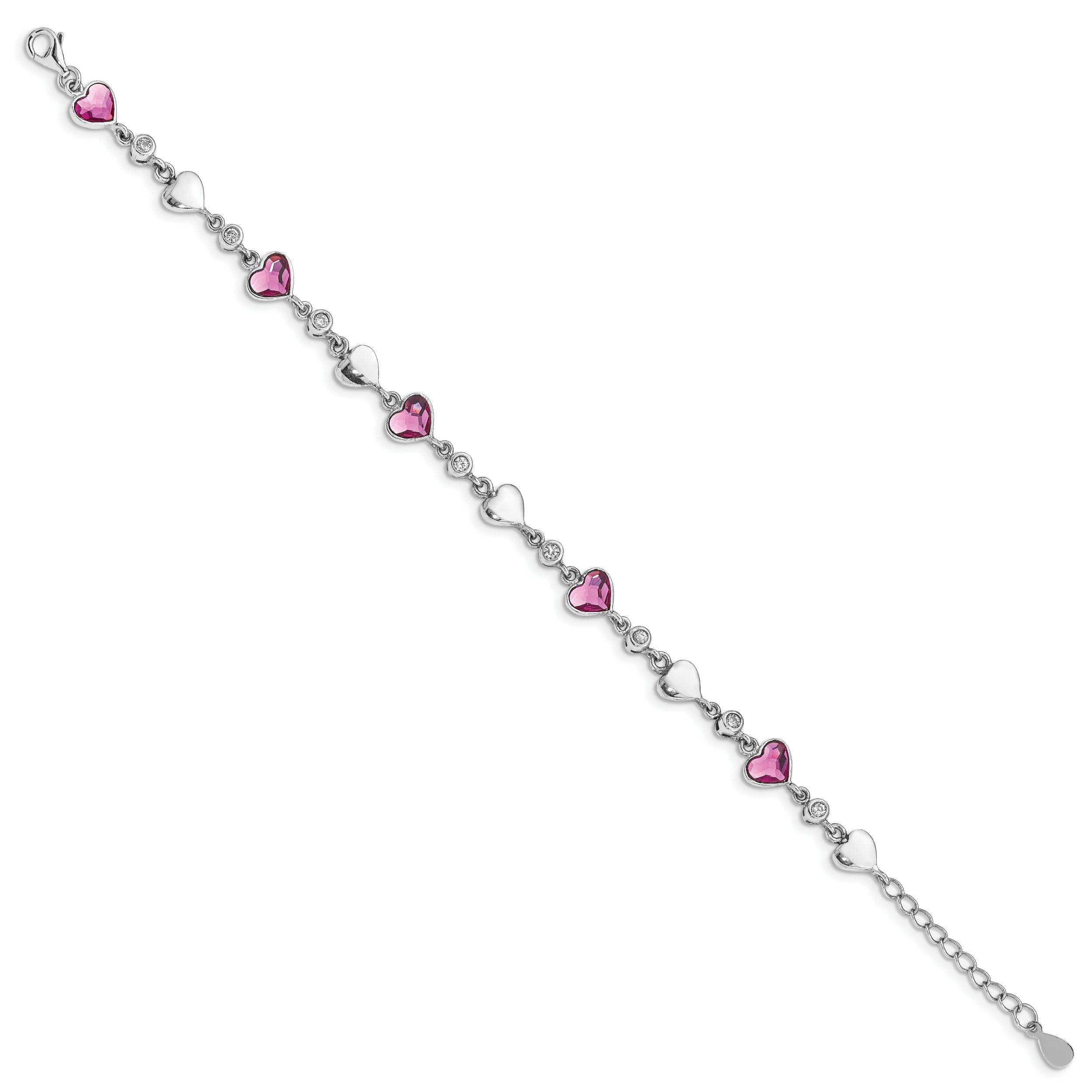 Sterling Silver Rhodium Plated Clear Crystals Pink Heart And Polished Hearts 6.5 Inch Bracelet With 1 Extension