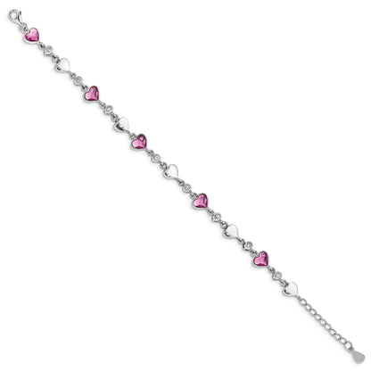 Sterling Silver Rhodium Plated Clear Crystals Pink Heart And Polished Hearts 6.5 Inch Bracelet With 1 Extension