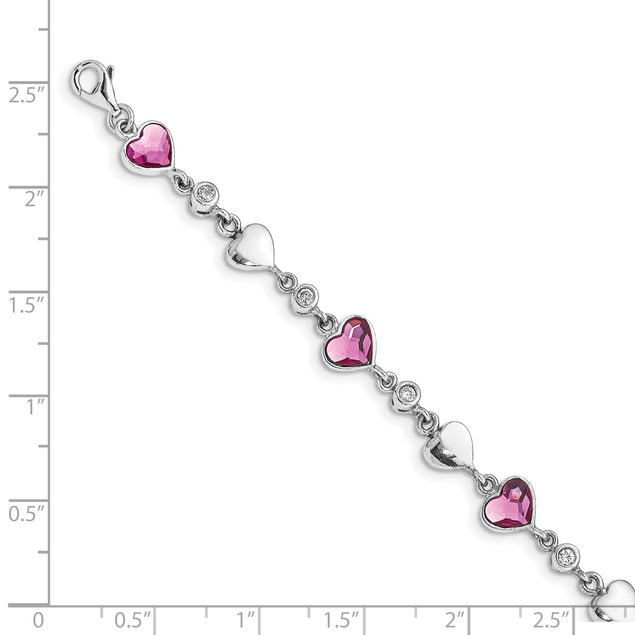 Sterling Silver Rhodium Plated Clear Crystals Pink Heart And Polished Hearts 6.5 Inch Bracelet With 1 Extension