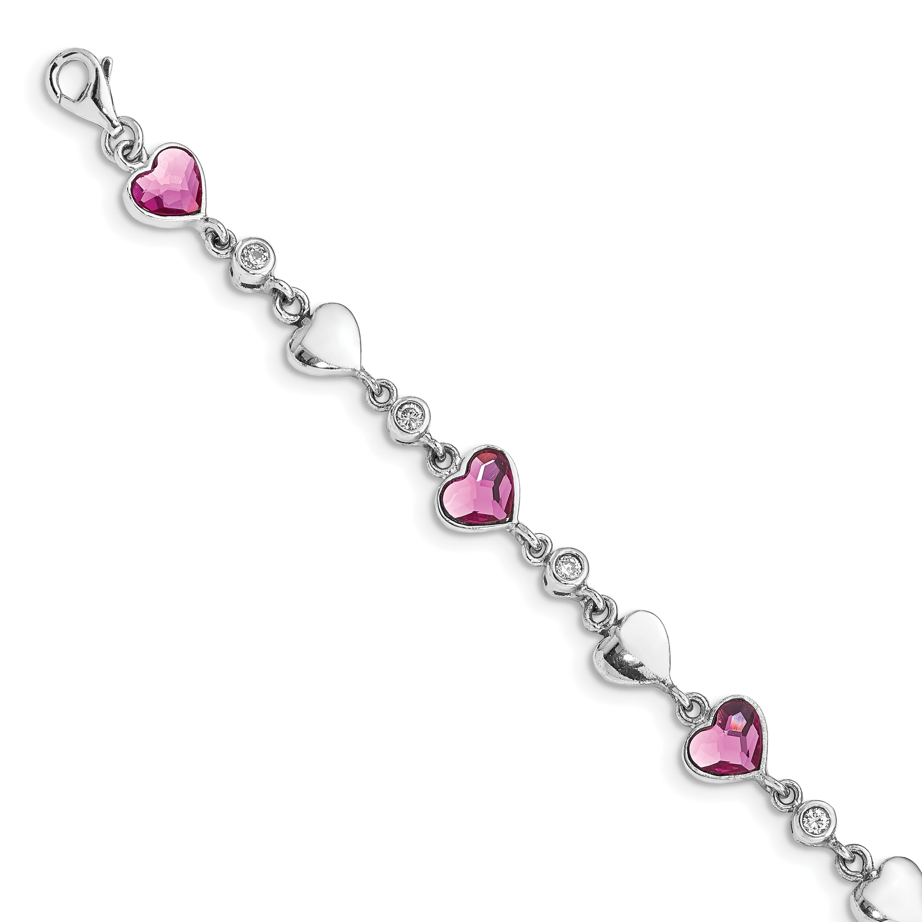 Sterling Silver Rhodium Plated Clear Crystals Pink Heart And Polished Hearts 6.5 Inch Bracelet With 1 Extension