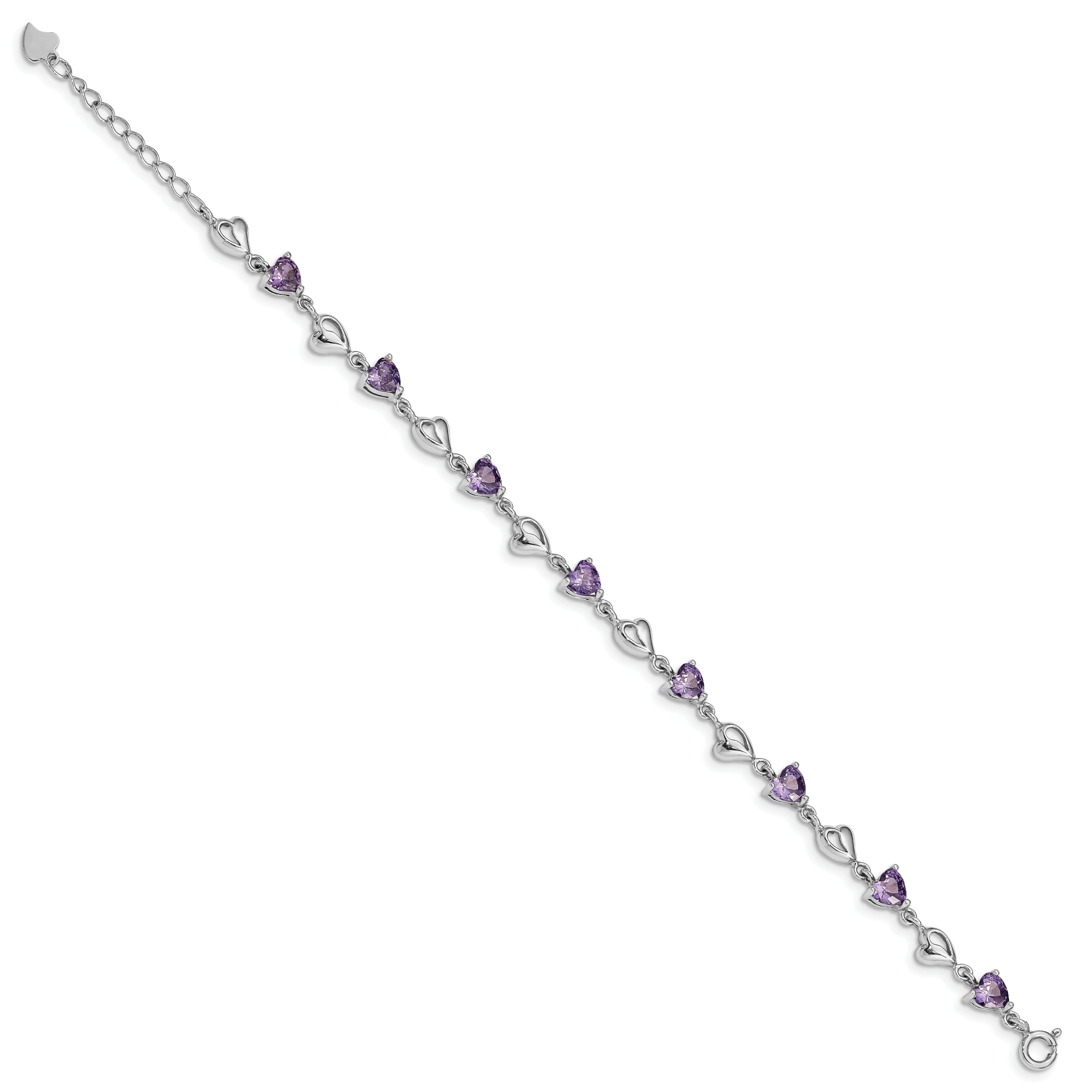 6.5 Inch Sterling Silver Rhodium-Plated W/1In Ext Purple Crystal Hearts Bracelet