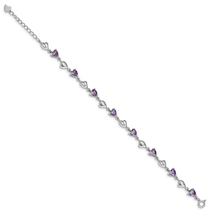 6.5 Inch Sterling Silver Rhodium-Plated W/1In Ext Purple Crystal Hearts Bracelet