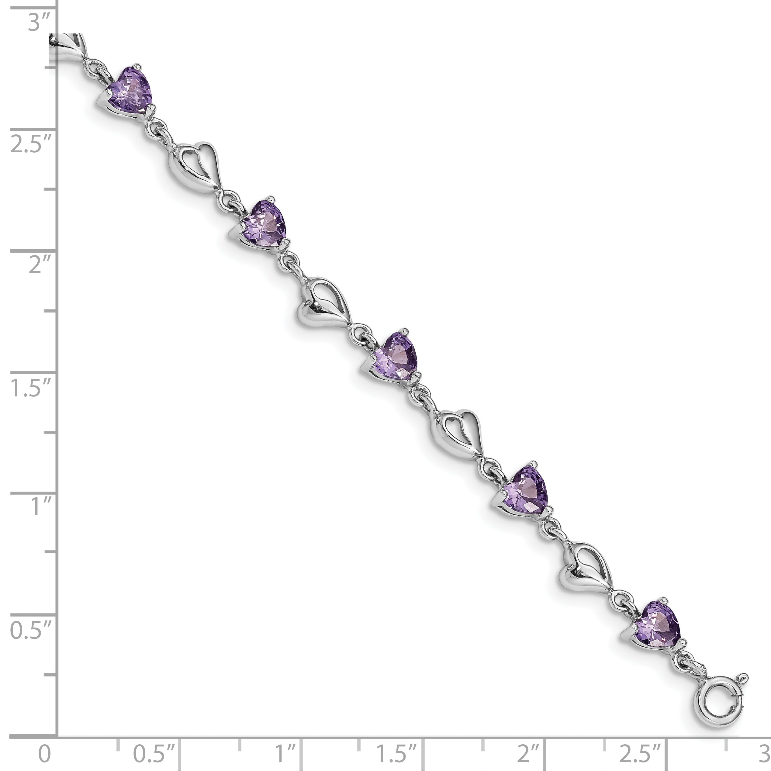 6.5 Inch Sterling Silver Rhodium-Plated W/1In Ext Purple Crystal Hearts Bracelet