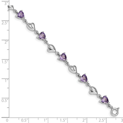 6.5 Inch Sterling Silver Rhodium-Plated W/1In Ext Purple Crystal Hearts Bracelet