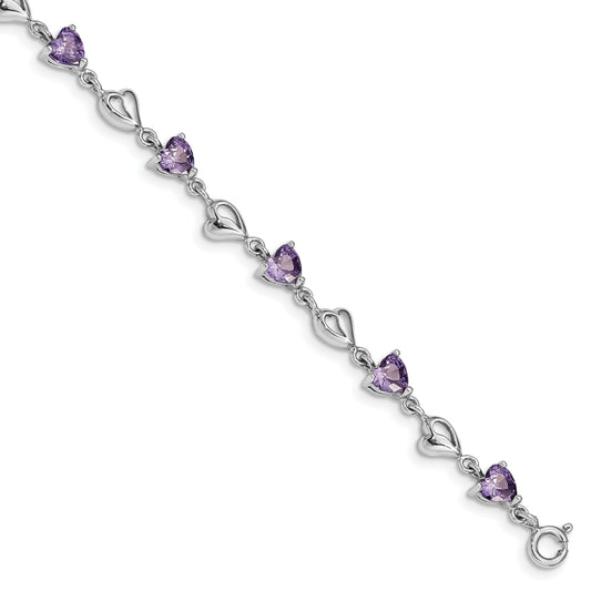 6.5 Inch Sterling Silver Rhodium-Plated W/1In Ext Purple Crystal Hearts Bracelet