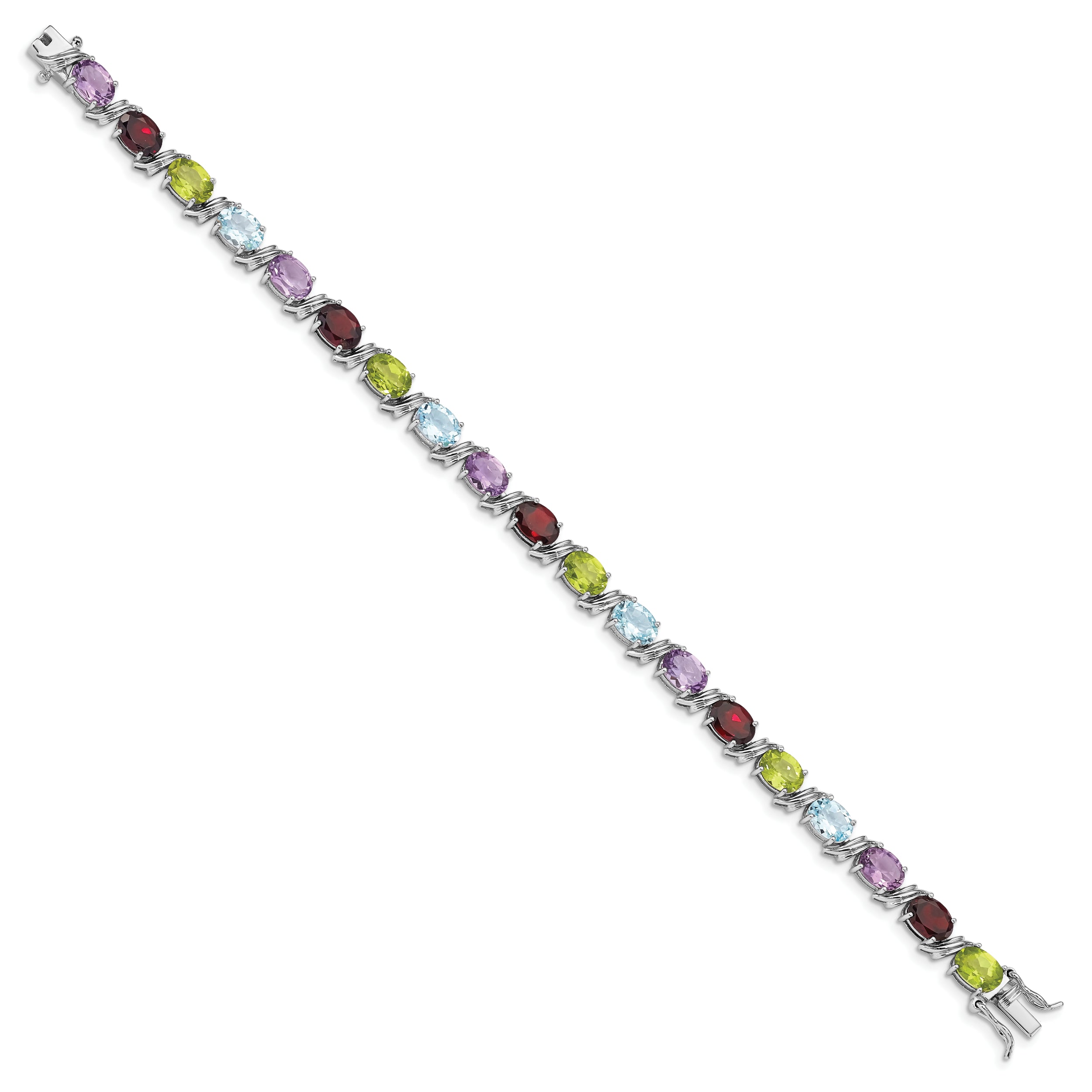 7.5 Inch Sterling Silver Rhodium-Plated Oval Multi-Gemstone Bracelet