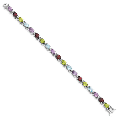 7.5 Inch Sterling Silver Rhodium-Plated Oval Multi-Gemstone Bracelet