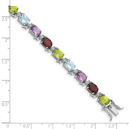 7.5 Inch Sterling Silver Rhodium-Plated Oval Multi-Gemstone Bracelet