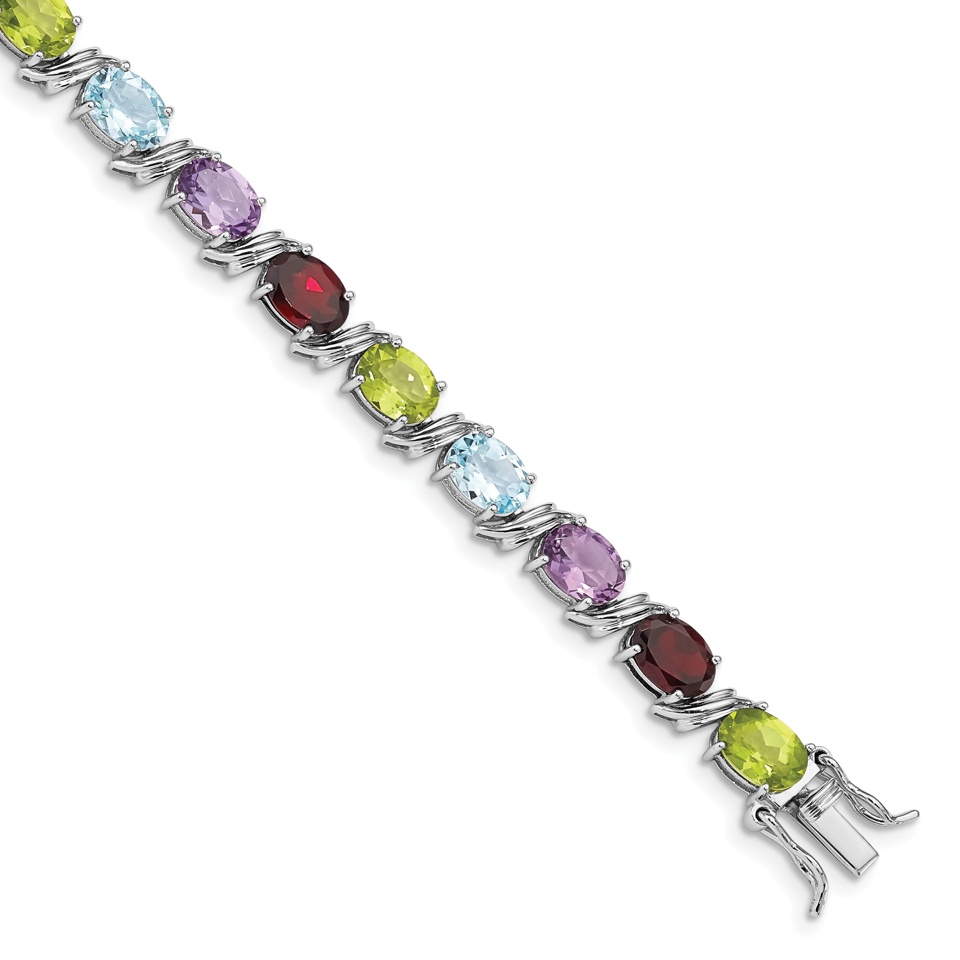 7.5 Inch Sterling Silver Rhodium-Plated Oval Multi-Gemstone Bracelet