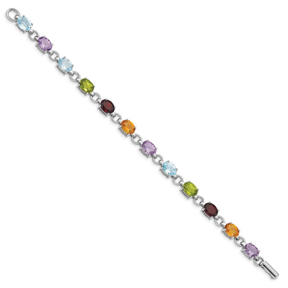 7.25 Inch Sterling Silver Rhodium-Plated Oval Multi-Gemstone Bracelet