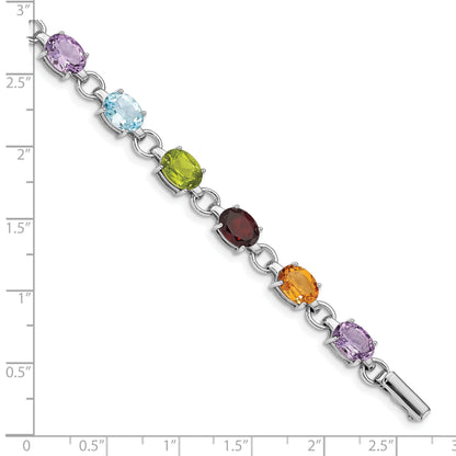 7.25 Inch Sterling Silver Rhodium-Plated Oval Multi-Gemstone Bracelet