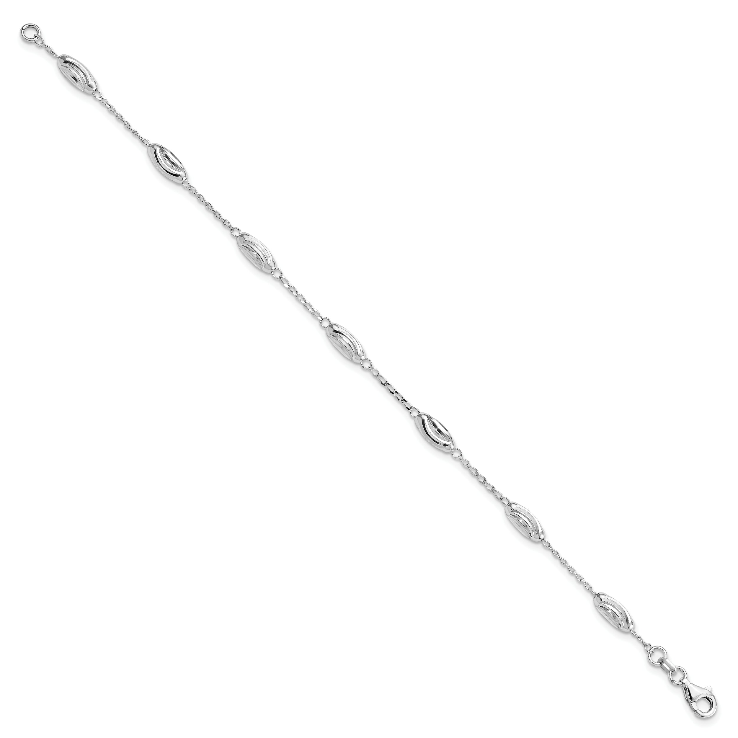 7 Inch Sterling Silver Rhodium-Plated Diamond-Cut Oval Beads Bracelet