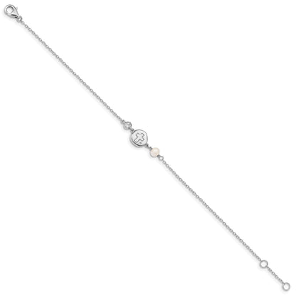 6.75 Inch Sterling Silver Rh-Plated Cz/Cross/Fwc Pearl W/0.5In Ext Bracelet