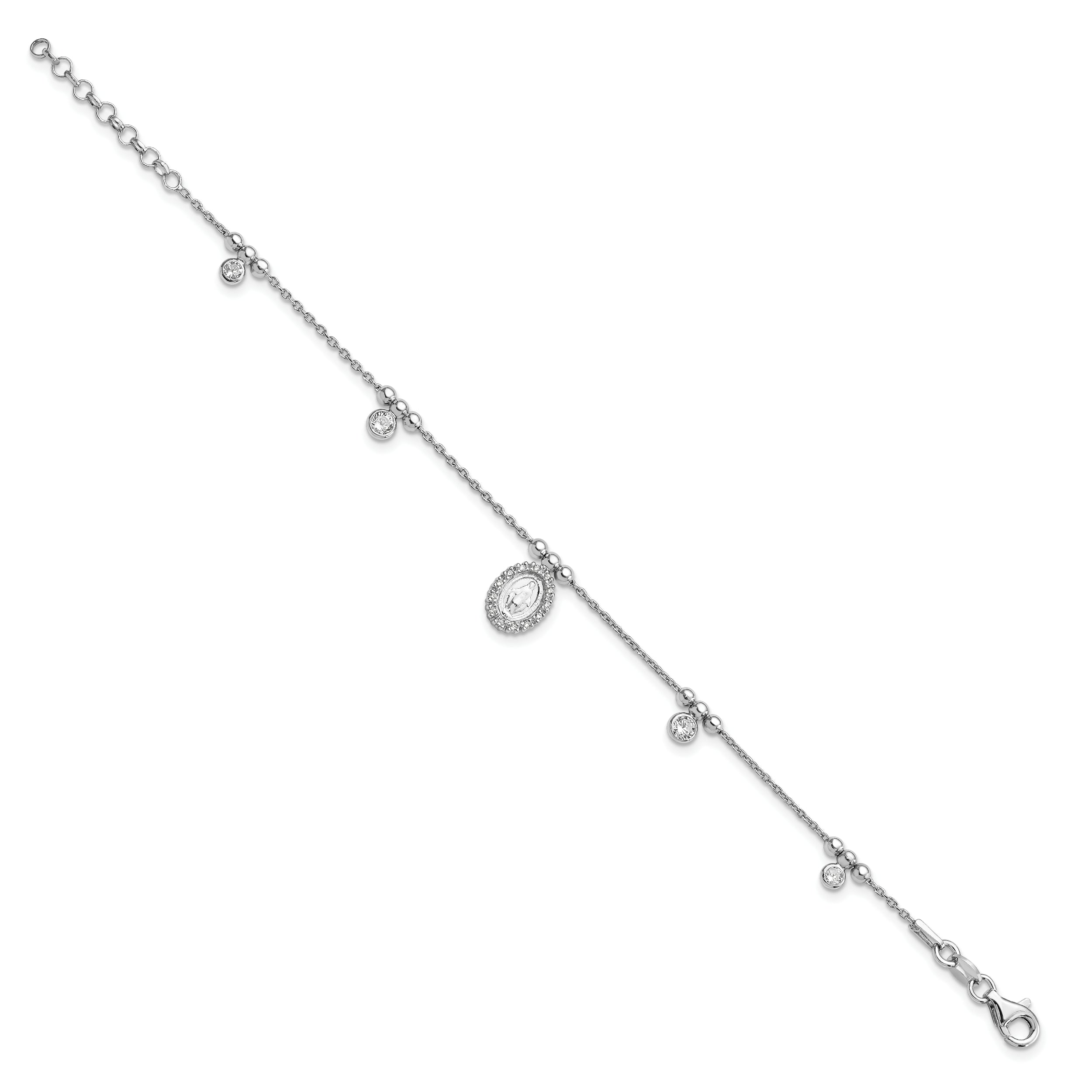 6 Inch Sterling Silver Rhodium-Plated Cz Miraculous Medal W/1In Ext. Bracelet