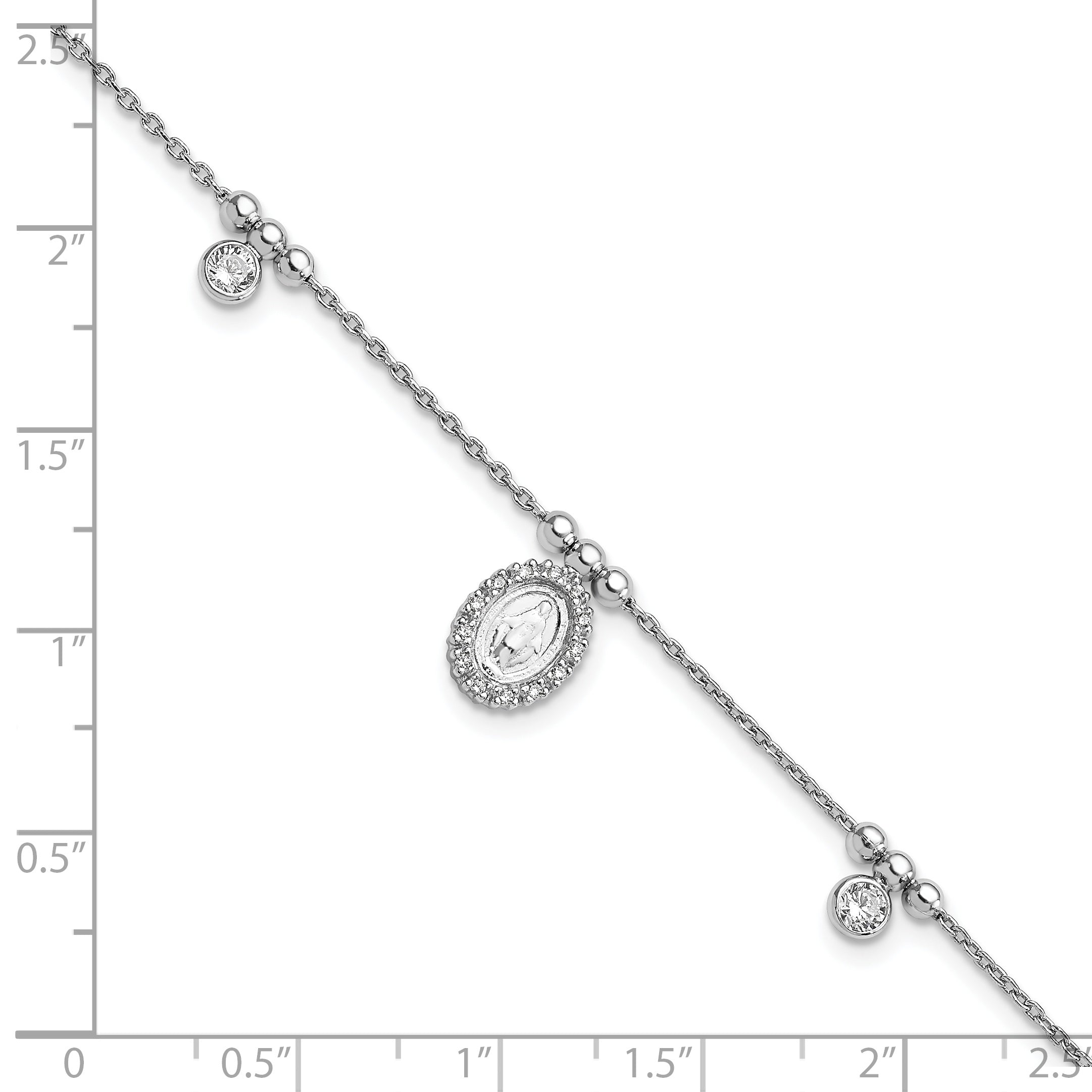 6 Inch Sterling Silver Rhodium-Plated Cz Miraculous Medal W/1In Ext. Bracelet