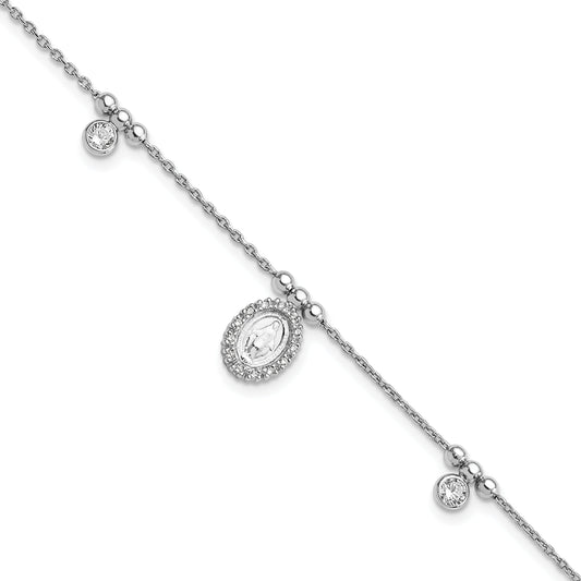 6 Inch Sterling Silver Rhodium-Plated Cz Miraculous Medal W/1In Ext. Bracelet