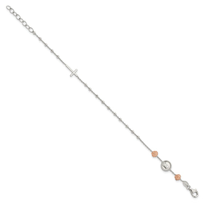 Sterling Silver Beaded With Rose-Tone Roses Religious 7 Inch Bracelet With1 Extension