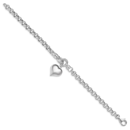 8 Inch Sterling Silver Polished Rolo W/ Dangle Heart Charm Bracelet