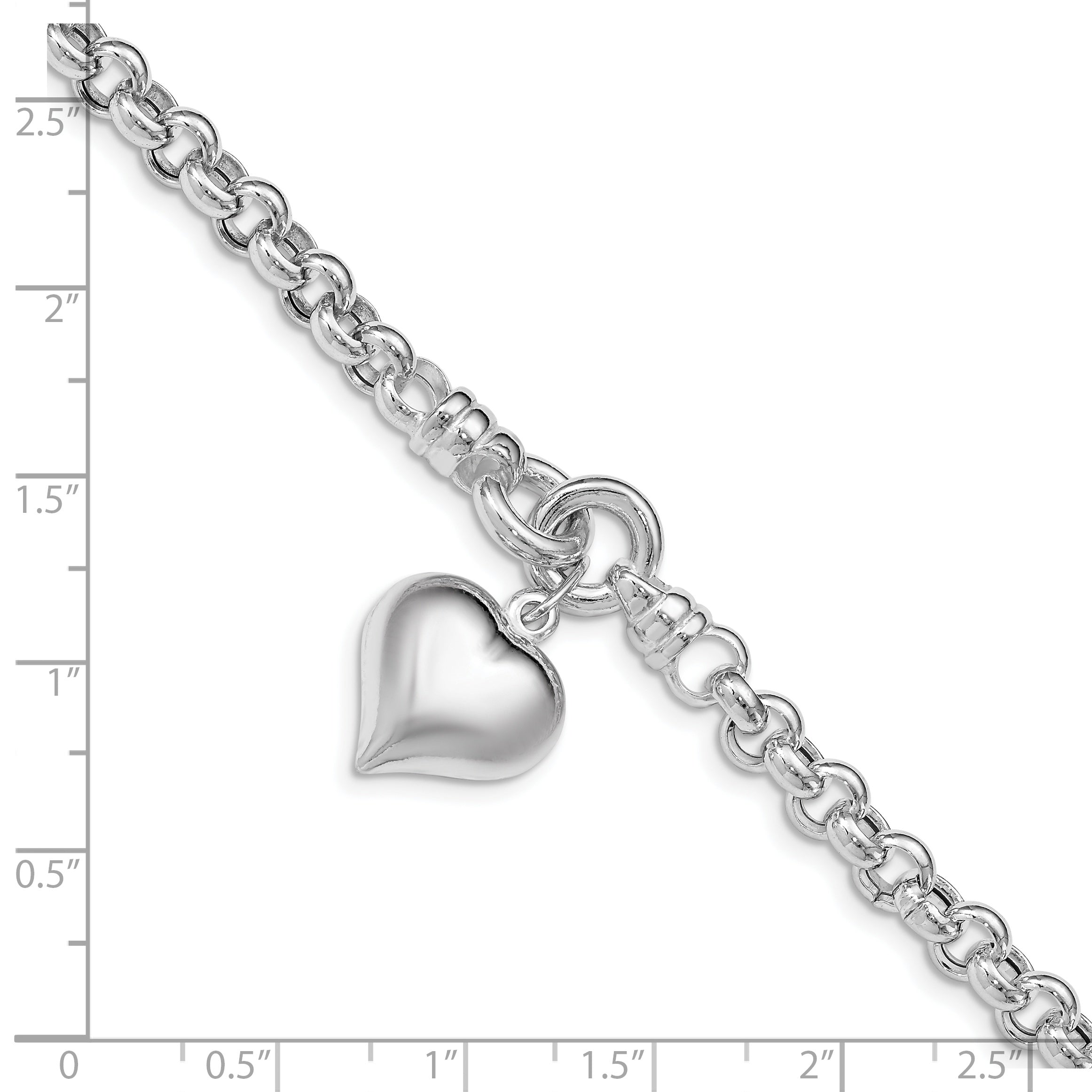 8 Inch Sterling Silver Polished Rolo W/ Dangle Heart Charm Bracelet