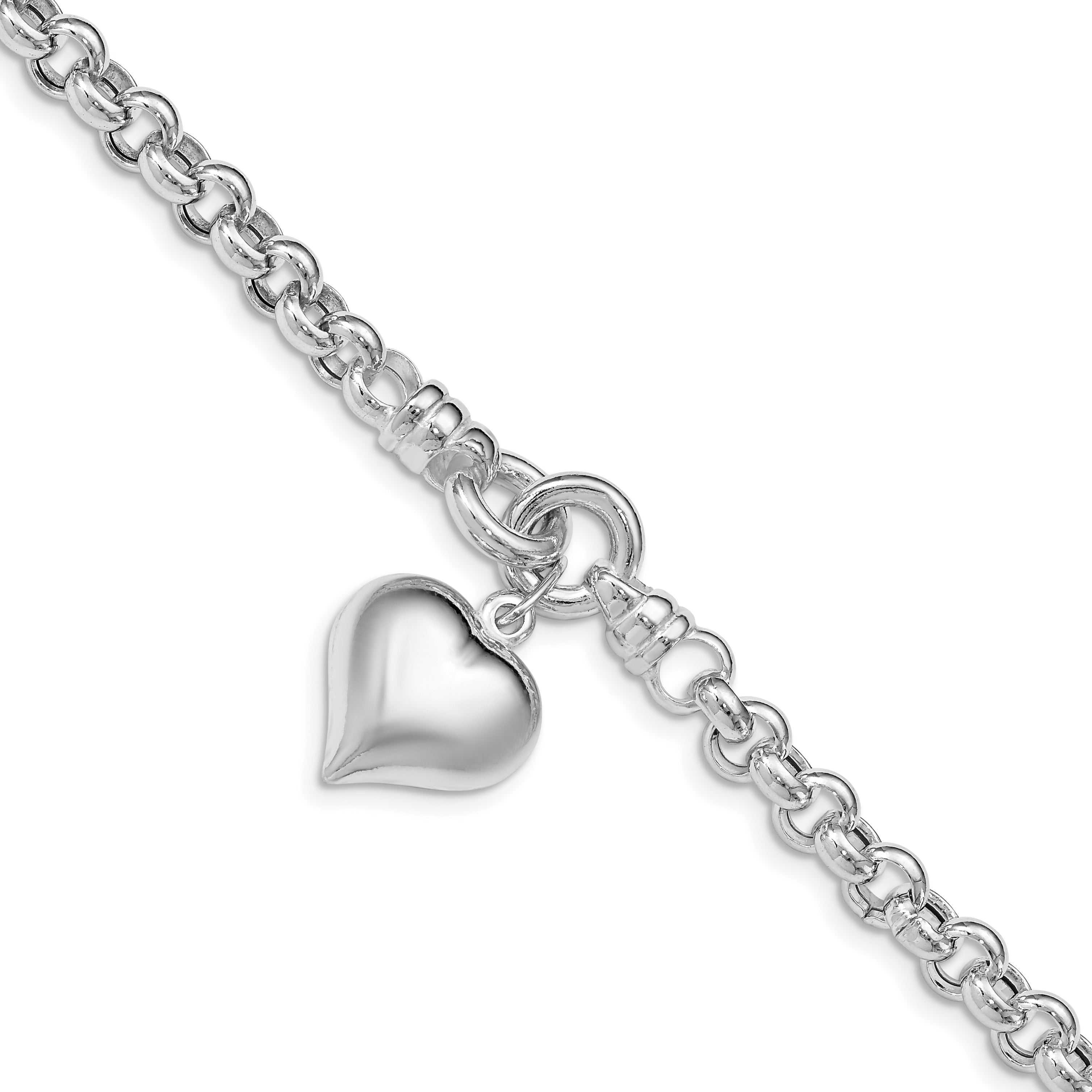 8 Inch Sterling Silver Polished Rolo W/ Dangle Heart Charm Bracelet