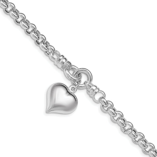 8 Inch Sterling Silver Polished Rolo W/ Dangle Heart Charm Bracelet