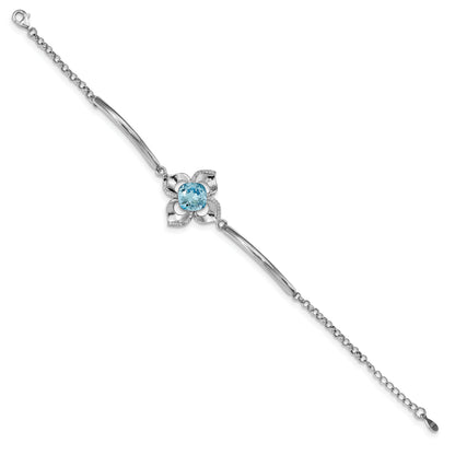 7 Inch Sterling Silver Rh-Plated Clear/Blue Crystal Flower W/1In Ext Bracelet