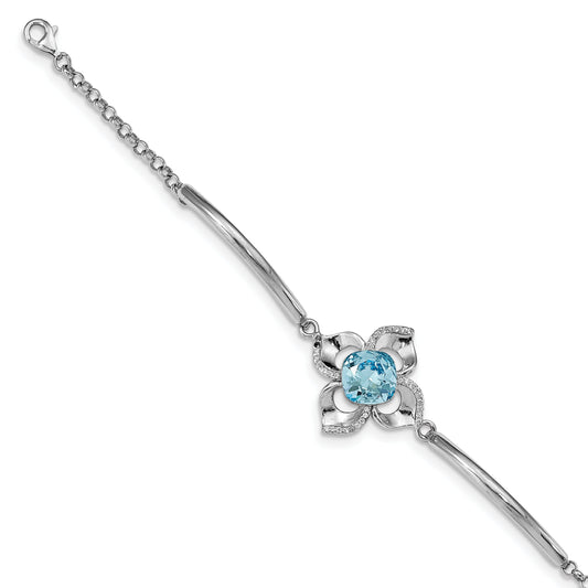 7 Inch Sterling Silver Rh-Plated Clear/Blue Crystal Flower W/1In Ext Bracelet