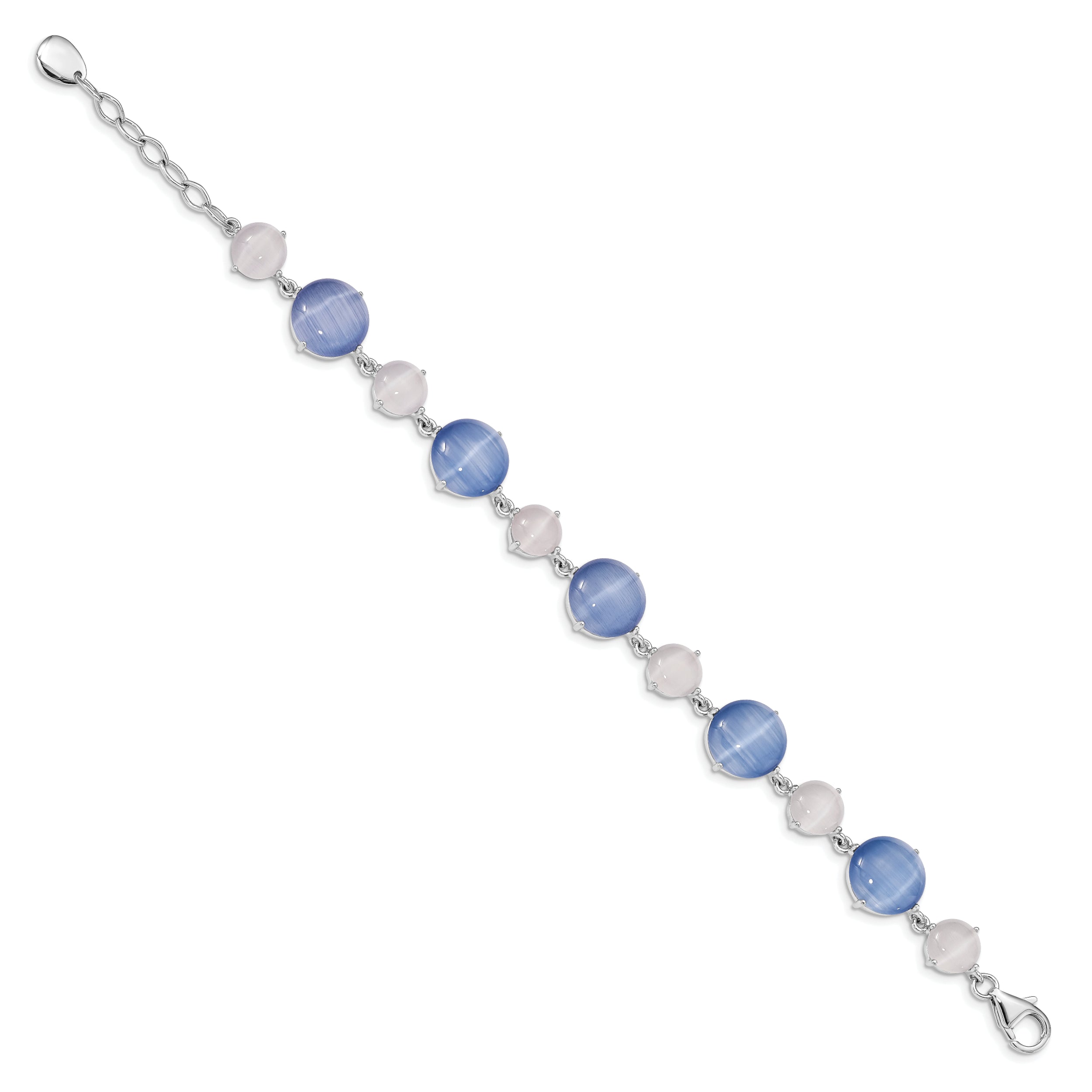 7 Inch Sterling Silver Rh-Plated Created Blue Cats Eye W/ 1In Ext Bracelet