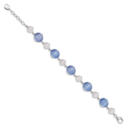 7 Inch Sterling Silver Rh-Plated Created Blue Cats Eye W/ 1In Ext Bracelet