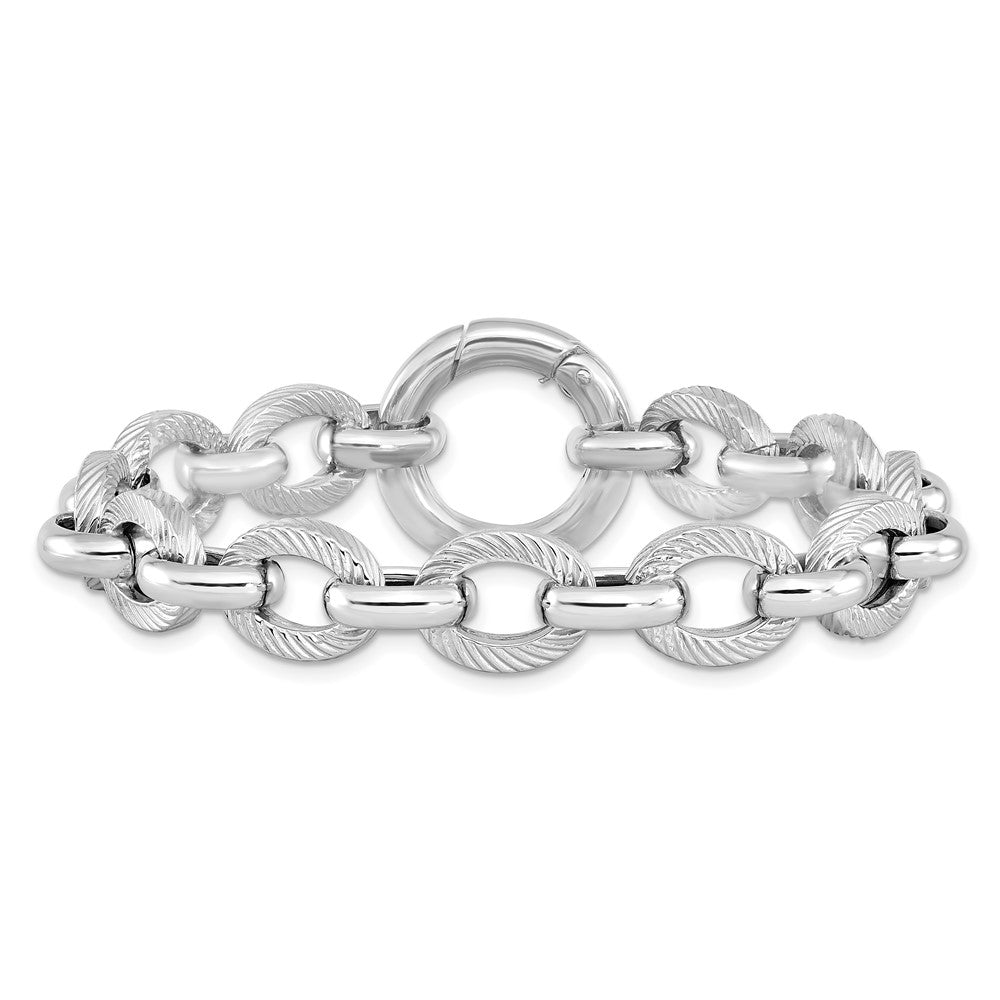 7.25 Inch Sterling Silver Rhodium Plated Polished Textured Fancy Link Bracelet