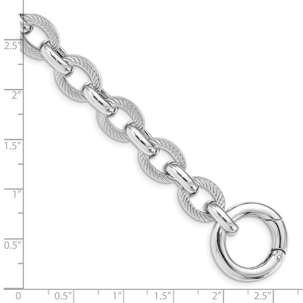 7.25 Inch Sterling Silver Rhodium Plated Polished Textured Fancy Link Bracelet