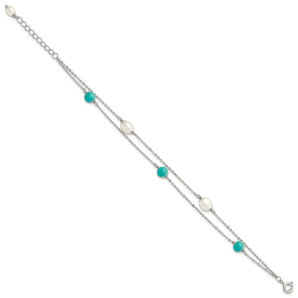7 Inch Sterling Silver Rhodium-Plated Turquoise/Fwc Pearl W/1In Ext Bracelet
