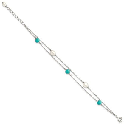7 Inch Sterling Silver Rhodium-Plated Turquoise/Fwc Pearl W/1In Ext Bracelet